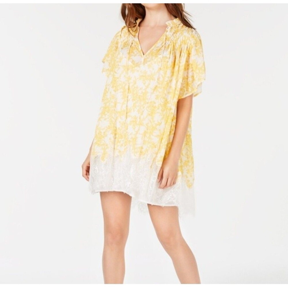 Free People XS Yellow Floral Lace Hem Mini Dress Flutter Sleeve Boho Cottagecore